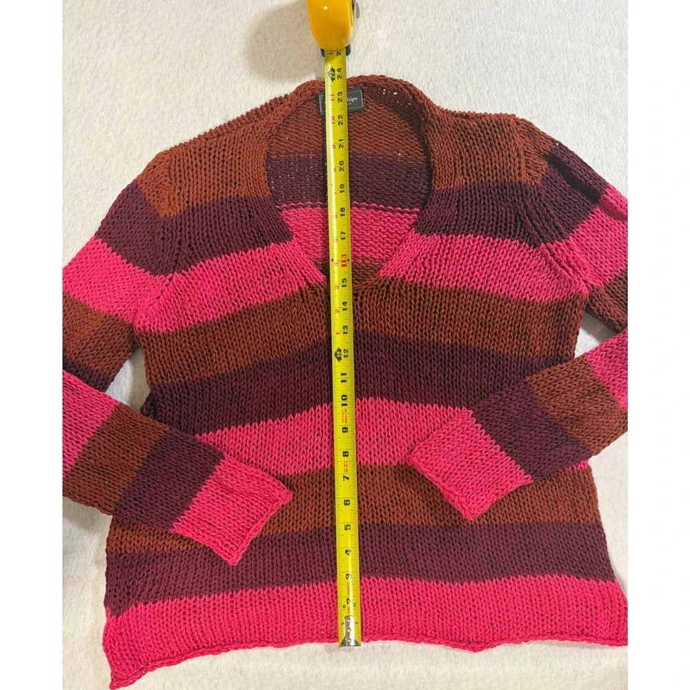 Wooden Ships Paola Buendia Striped V-Neck Knit Sweater Pink Burgundy Rust S/M